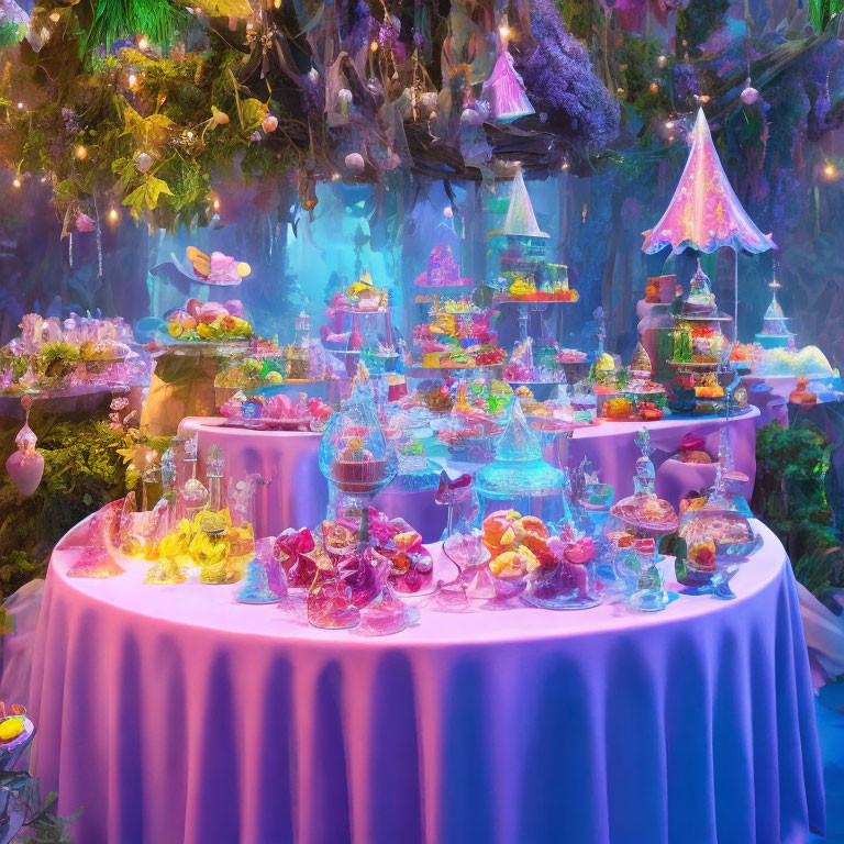 Enchanted forest dessert table with pastel colors and whimsical decorations