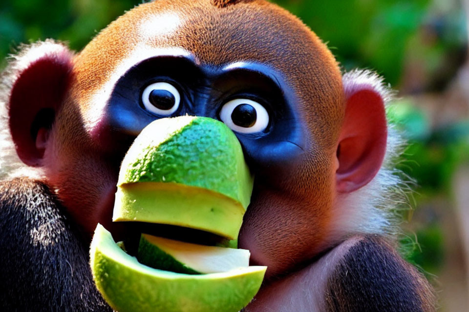 Vibrant mandrill monkey with blue and red face holding green fruit