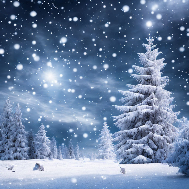 Tranquil winter landscape with snow-covered pine trees and deer