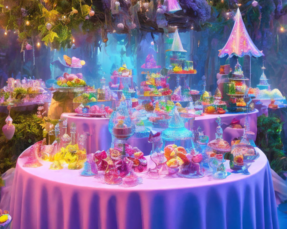 Enchanted forest dessert table with pastel colors and whimsical decorations