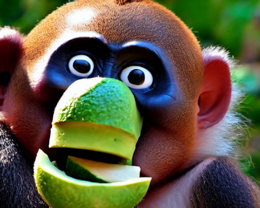 Vibrant mandrill monkey with blue and red face holding green fruit