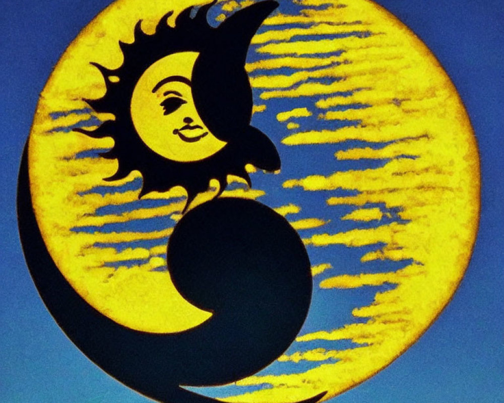 Anthropomorphized crescent moon and sun against blue sky