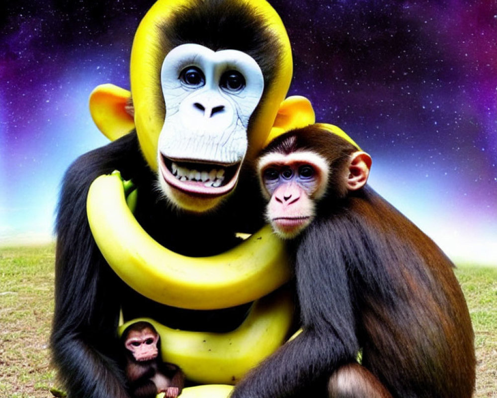 Digital artwork: Monkeys with human eyes hugging bananas on cosmic backdrop