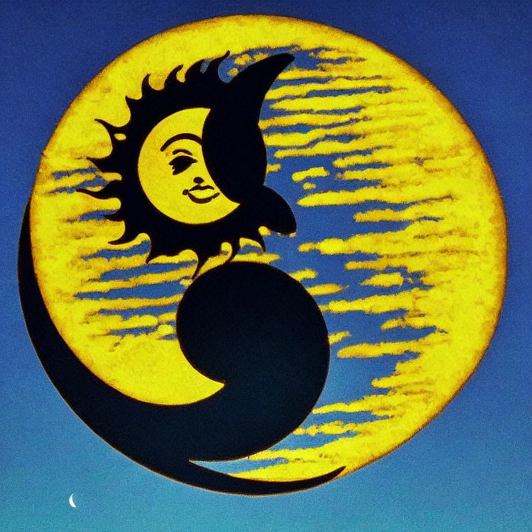 Anthropomorphized crescent moon and sun against blue sky