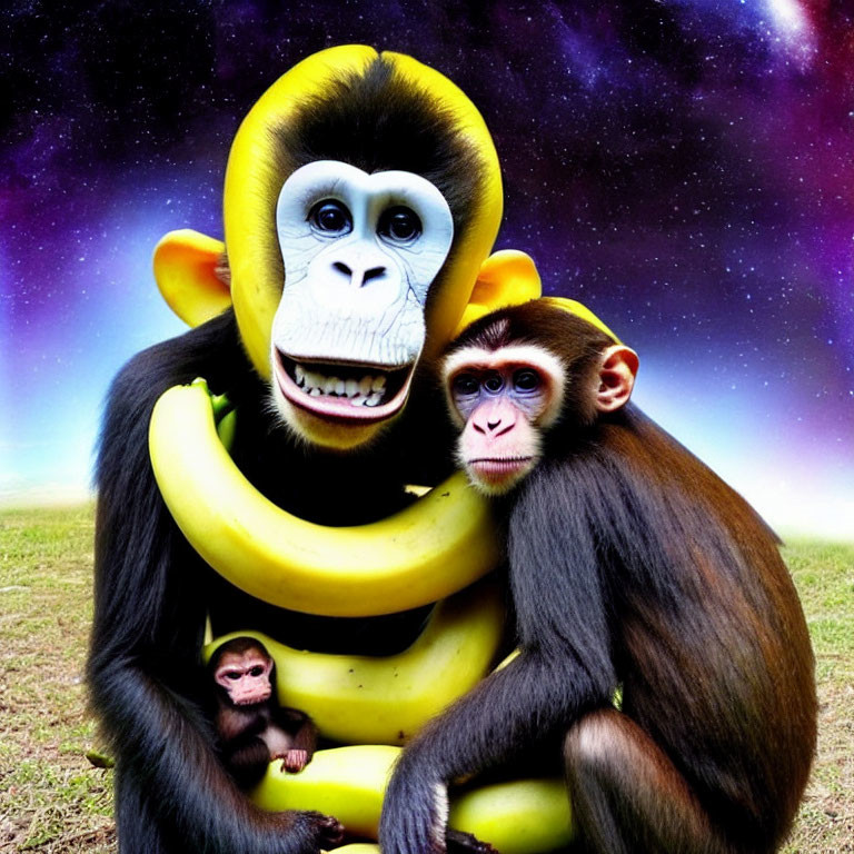 Digital artwork: Monkeys with human eyes hugging bananas on cosmic backdrop