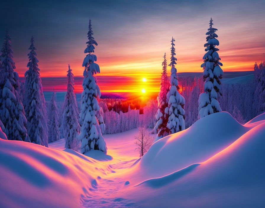 Winter scene: Snow-covered trees at sunset with pink and orange sky.