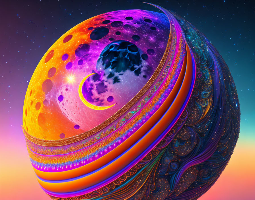 Colorful digital artwork of ornate celestial body with purple and orange moon in starry sky