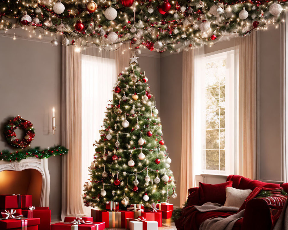 Festive Room with Christmas Tree, Gifts, and Cozy Window Nook