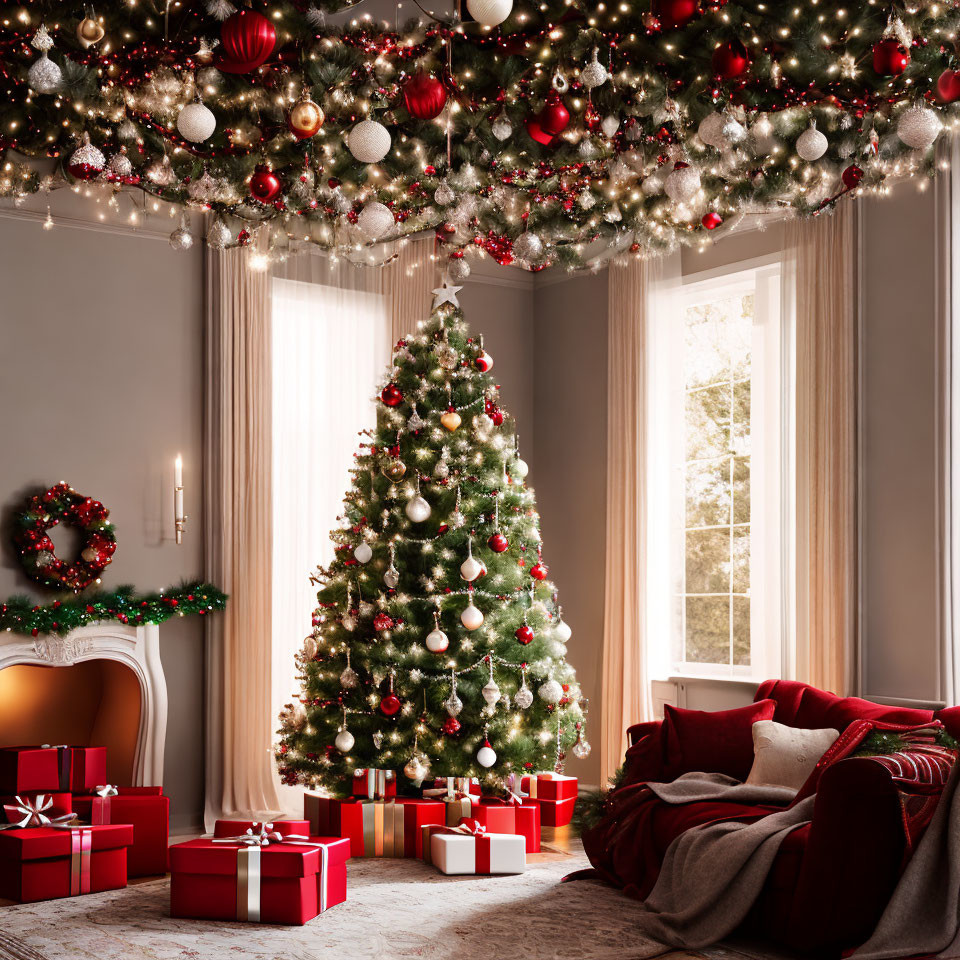 Festive Room with Christmas Tree, Gifts, and Cozy Window Nook