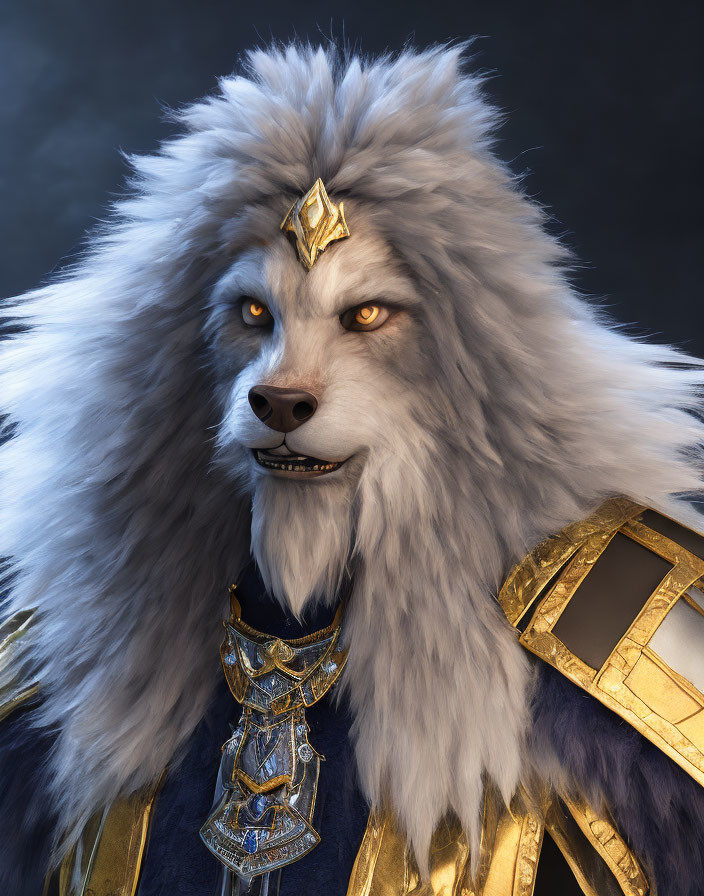 Golden-armored wolf-headed creature in animated style on dark backdrop