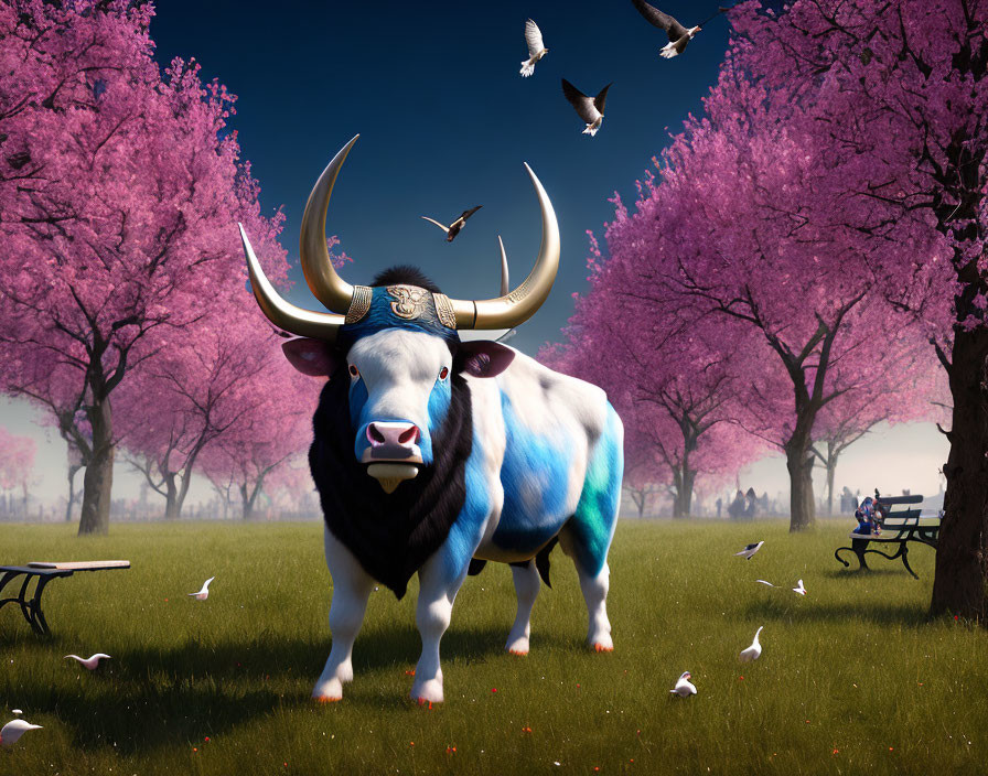 Blue and white painted cow under blooming sakura trees with flying pigeons in serene park.