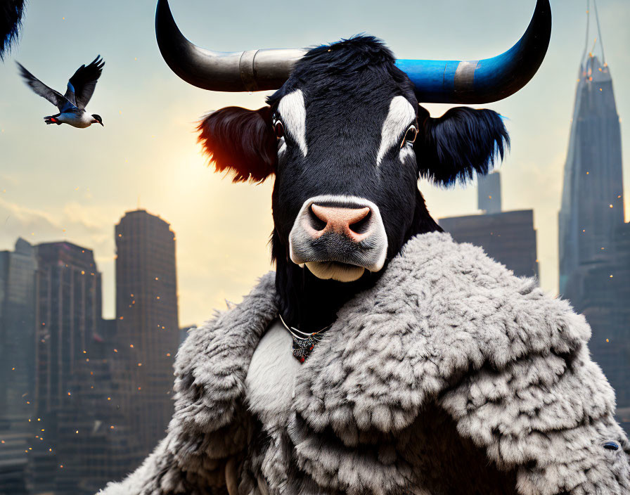 Majestic black and white cow with curved horns in cityscape.