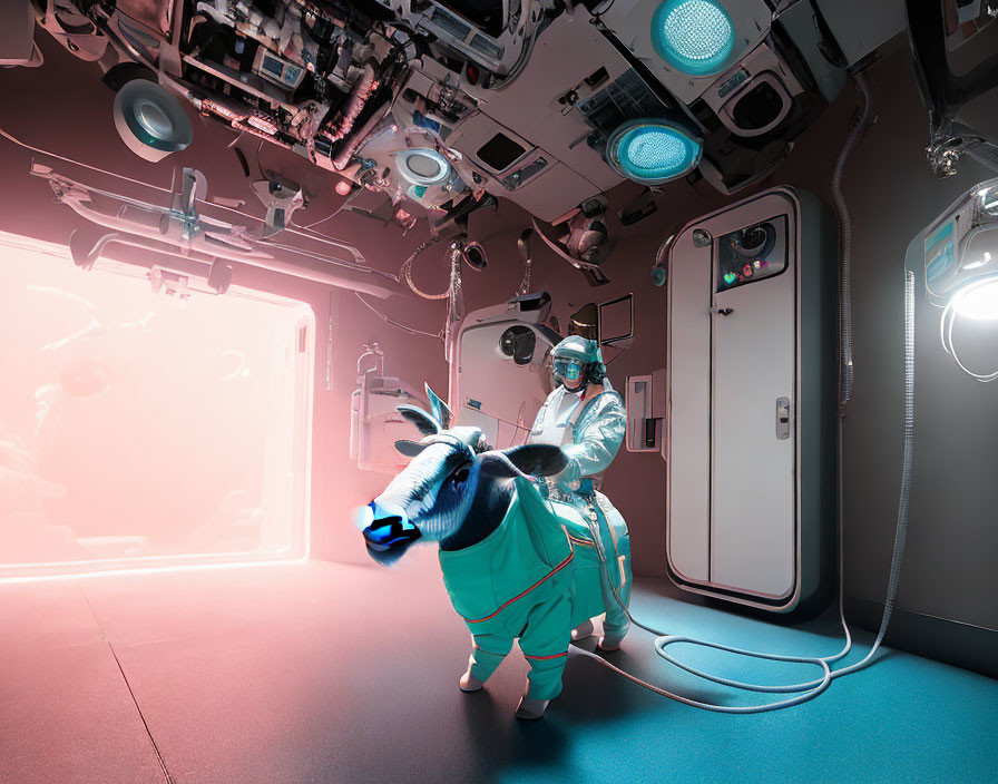 Spacesuit person interacts with animated donkey in futuristic spacecraft