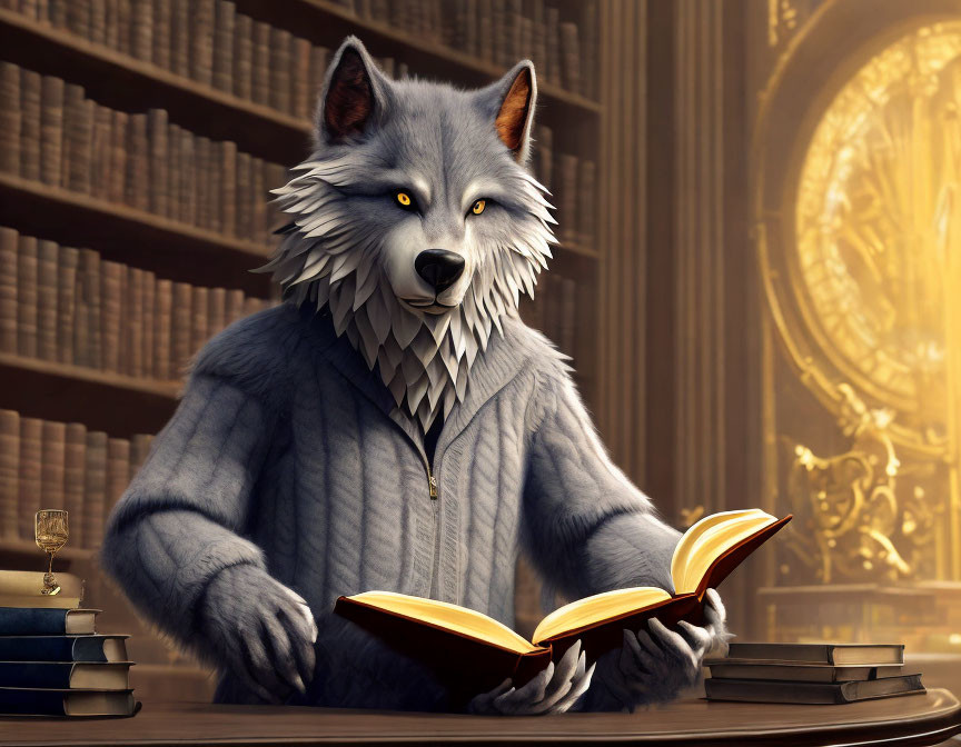 Anthropomorphic Wolf Reading Book in Old Library Scene