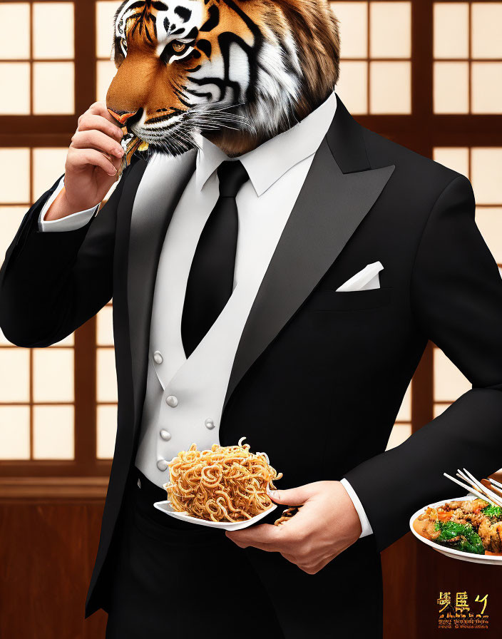 Tiger-headed person in suit with fork and noodles, window background