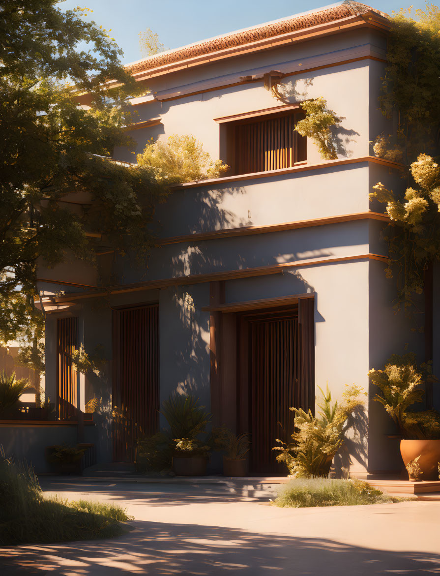 Two-story house with brown tones, large wooden doors, lush green plants, sunny day.