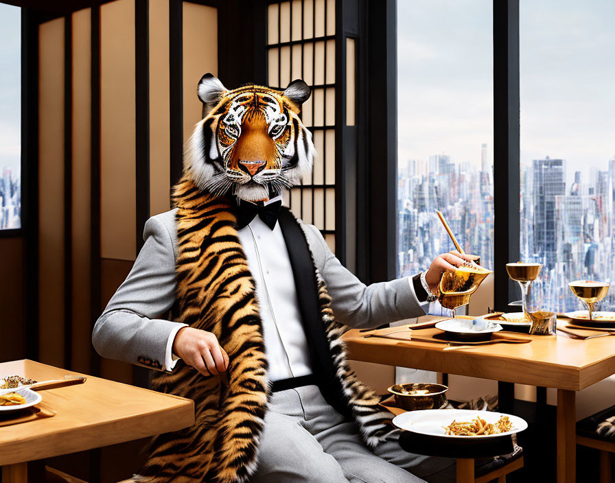 Stylish person in tiger mask at dining table with Asian cuisine and cityscape