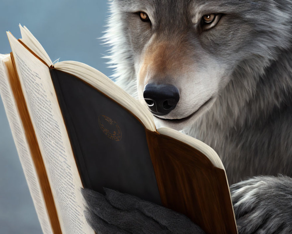 Wolf with human-like hands reading an open book closely