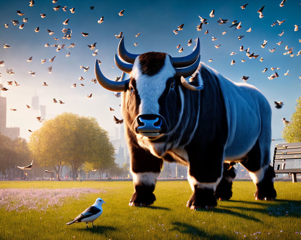 Muscular yak with horns in urban park with pigeons and city buildings