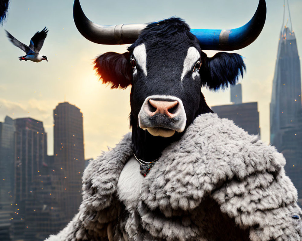 Majestic black and white cow with curved horns in cityscape.