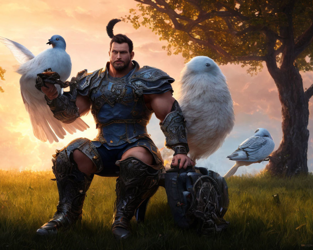 Armored warrior with beard in meadow at sunrise with white doves