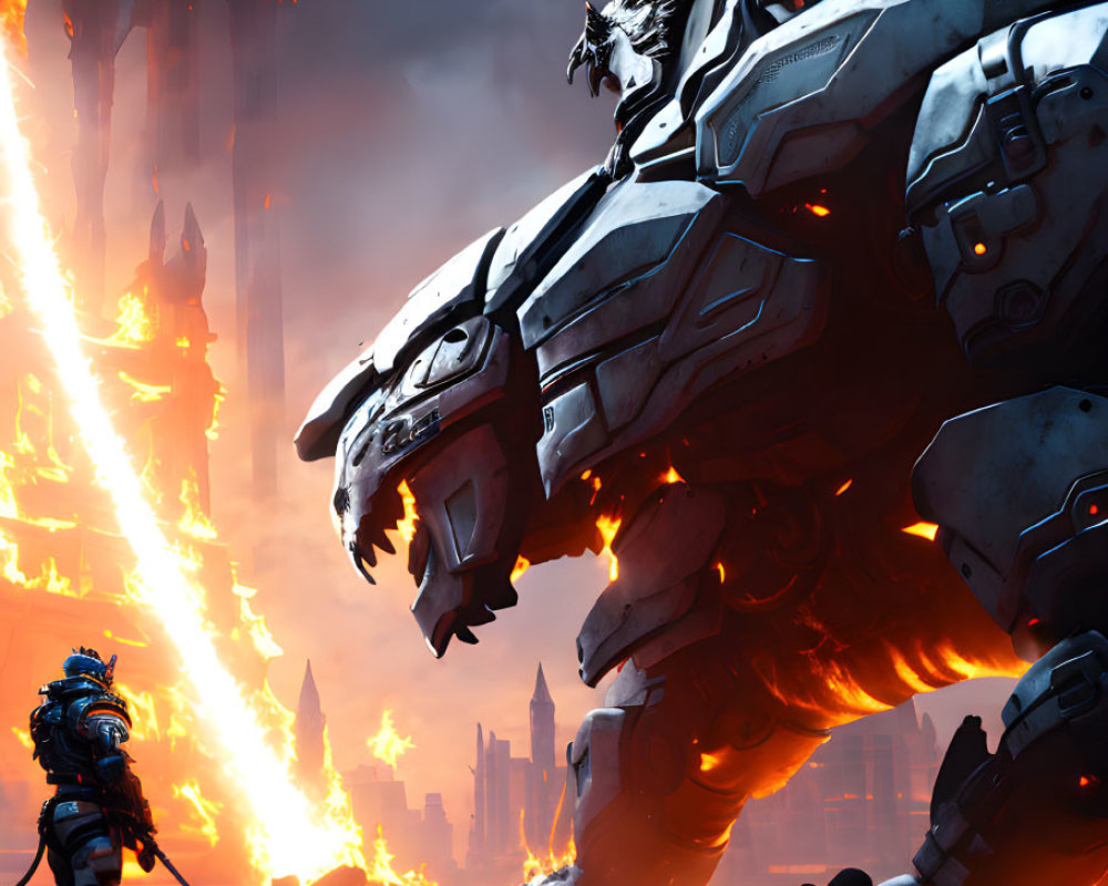 Warrior facing giant mech in cityscape with fiery beams