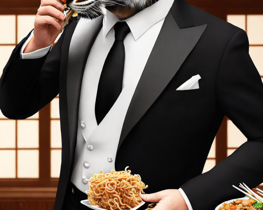 Tiger-headed person in suit with fork and noodles, window background