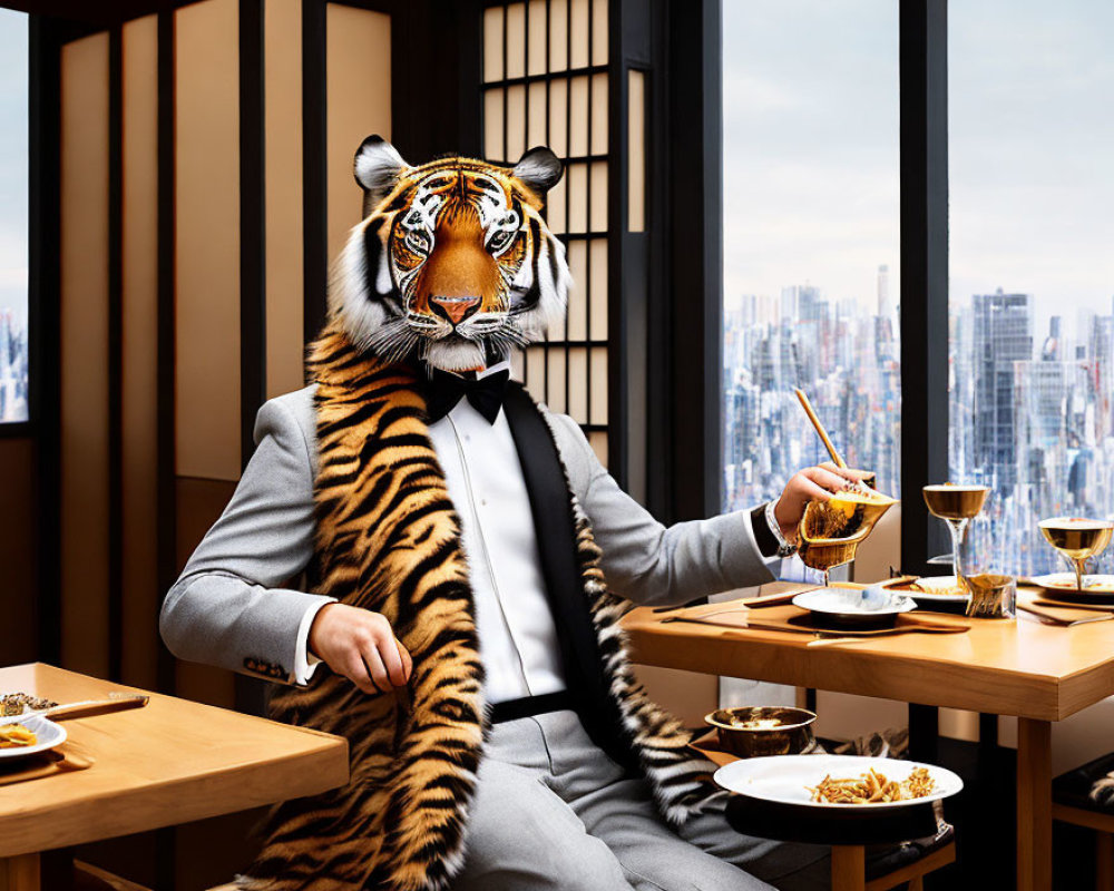 Stylish person in tiger mask at dining table with Asian cuisine and cityscape