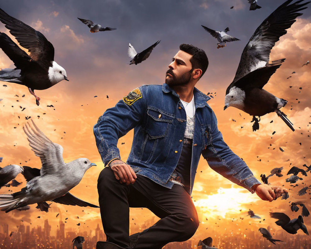 Man in denim jacket crouched among pigeons in flight against orange sky with city silhouette.