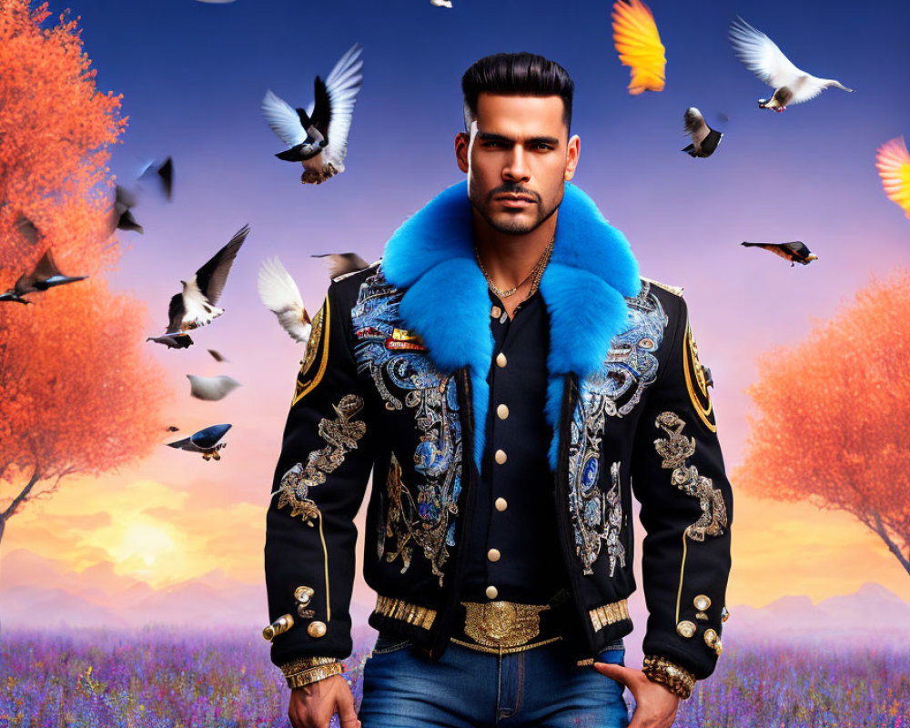 Stylish man in embroidered jacket with birds and floral backdrop