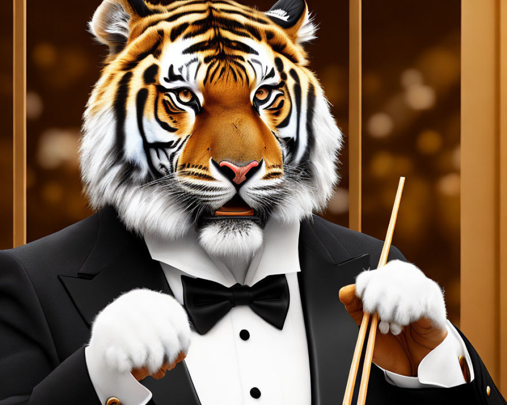 Anthropomorphic Tiger in Tuxedo with Chopsticks on Golden Background