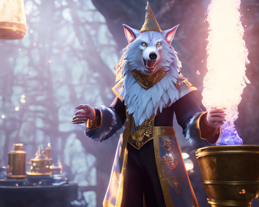 Regal anthropomorphic wolf casting spell in mystical forest setting