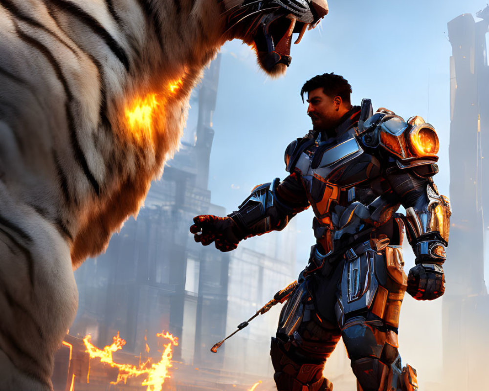 Futuristic armored man with white tiger in blazing cityscape