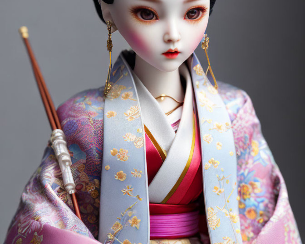 Traditional Asian doll in ornate kimono with floral patterns and gold accessories