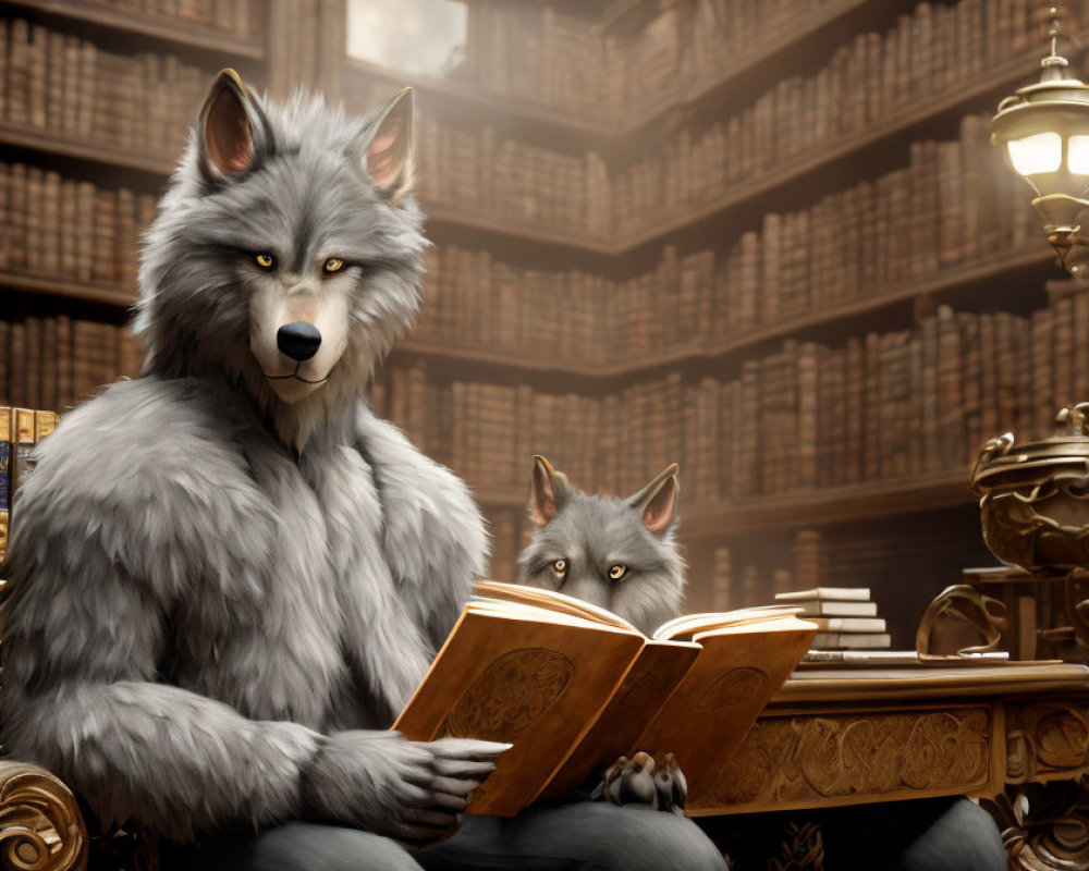 Anthropomorphic wolf reading in grand library with smaller creature under vintage lamp