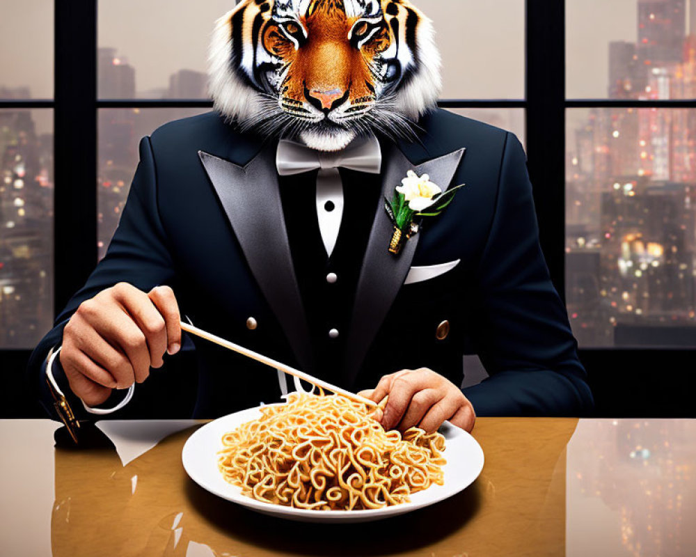 Tiger-headed person in tuxedo eating spaghetti in cityscape view at twilight