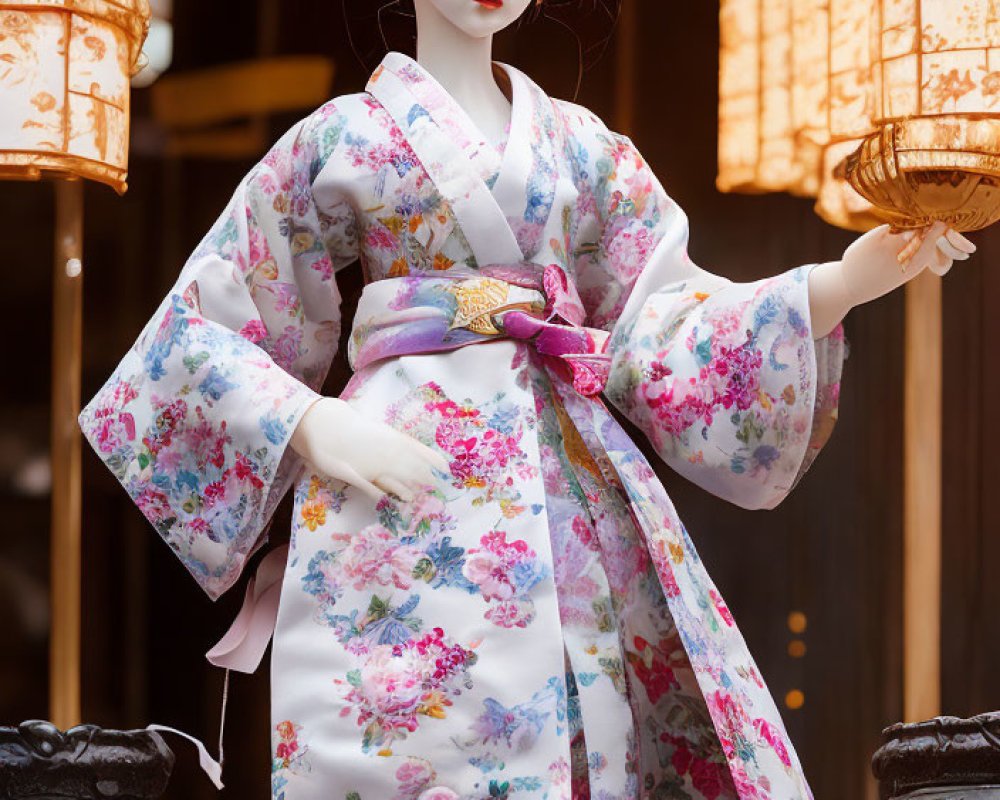 Traditional Japanese Doll in Floral Kimono with Intricate Hairstyles and Lantern Background