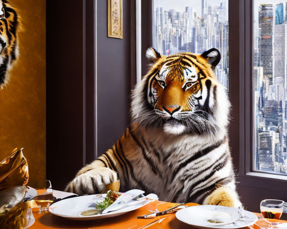 Tiger at dining table with city view background