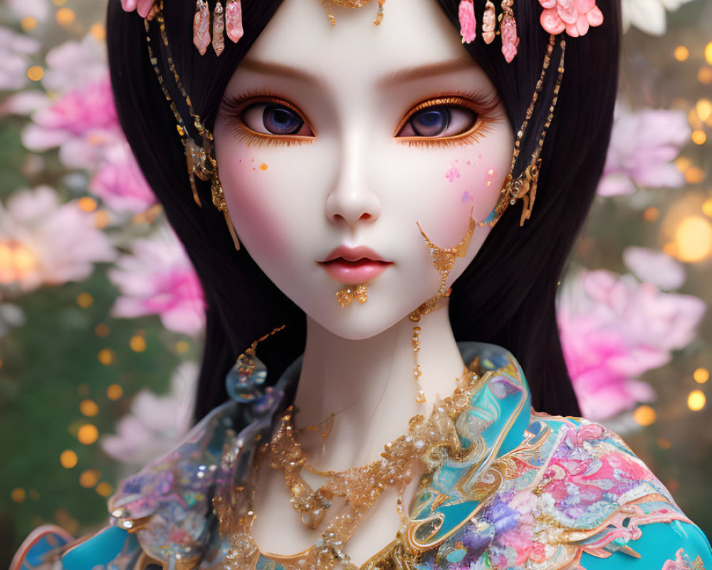 Female anime character with large purple eyes and ornate jewelry in a floral setting