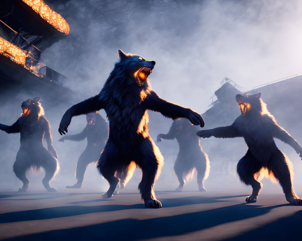 Anthropomorphic wolves in spotlight on misty stage