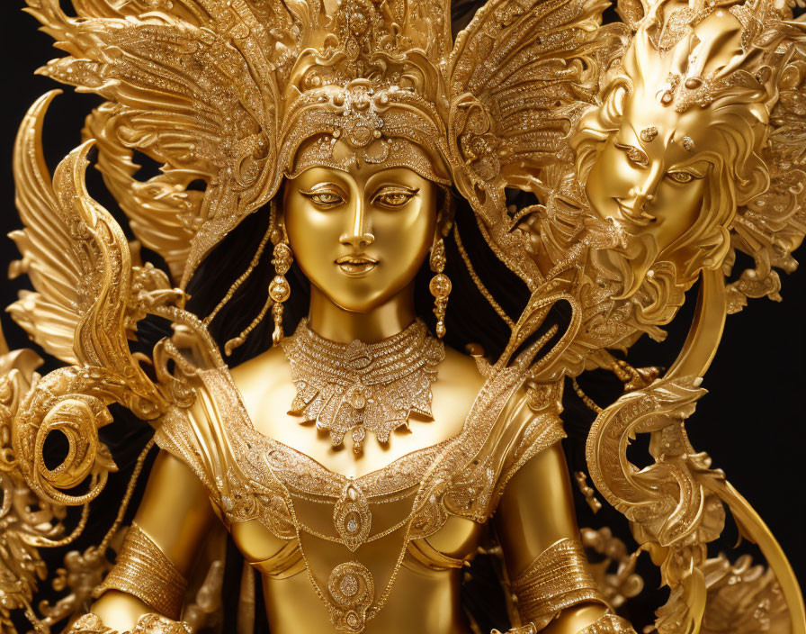 Intricately detailed golden statue of Hindu goddess, multiple arms, jewelry, on black background