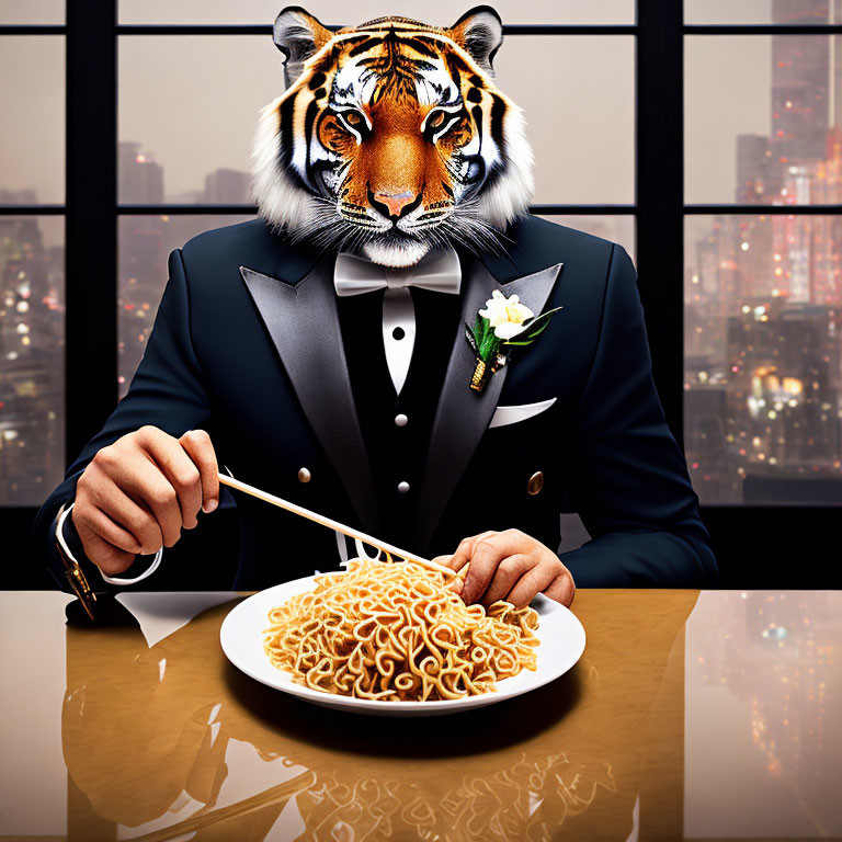 Tiger-headed person in tuxedo eating spaghetti in cityscape view at twilight