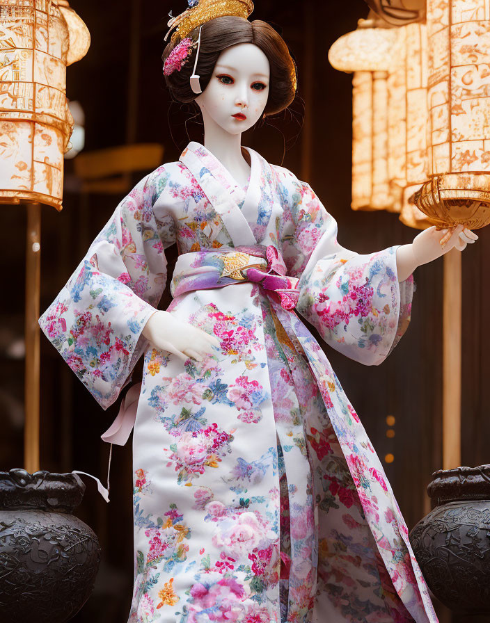 Traditional Japanese Doll in Floral Kimono with Intricate Hairstyles and Lantern Background