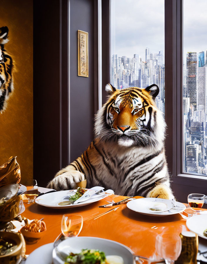 Tiger at dining table with city view background