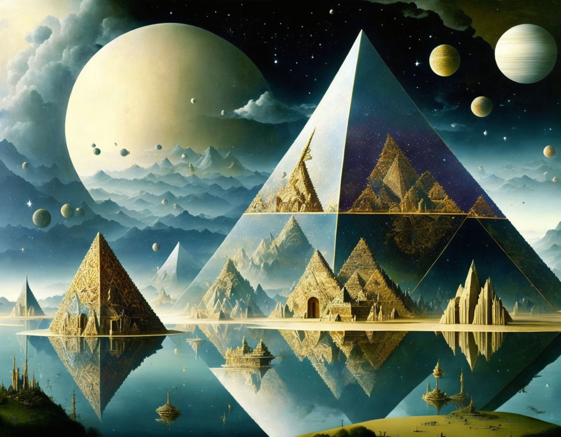 Surreal landscape with pyramids in translucent triangle, reflecting on water amid planets and starry sky