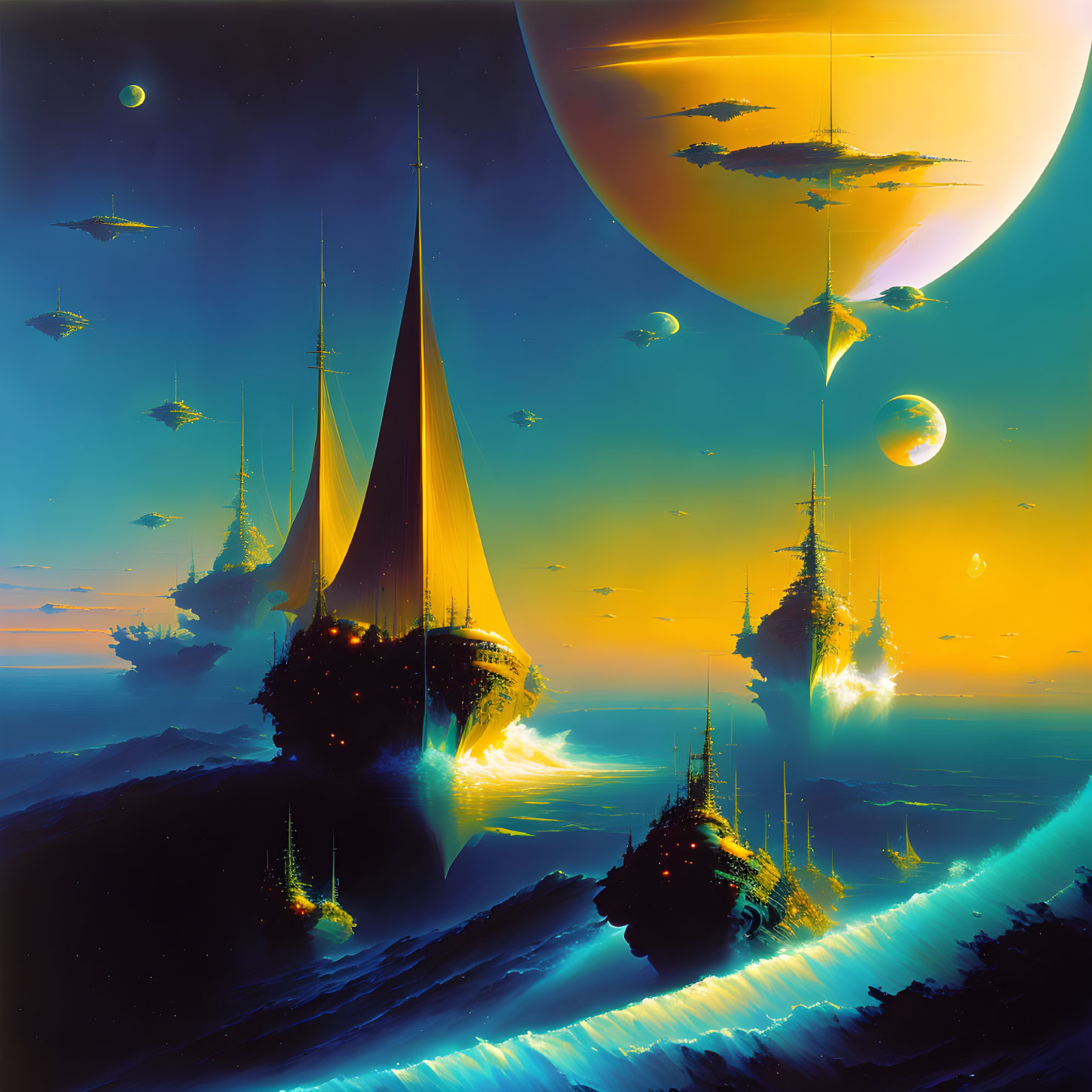 Colorful Sci-Fi Scene: Floating Islands, Spacecraft, Celestial Bodies