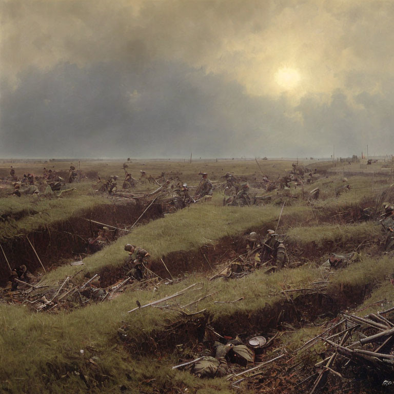 Somber battlefield scene with soldiers in trenches under a cloudy sky