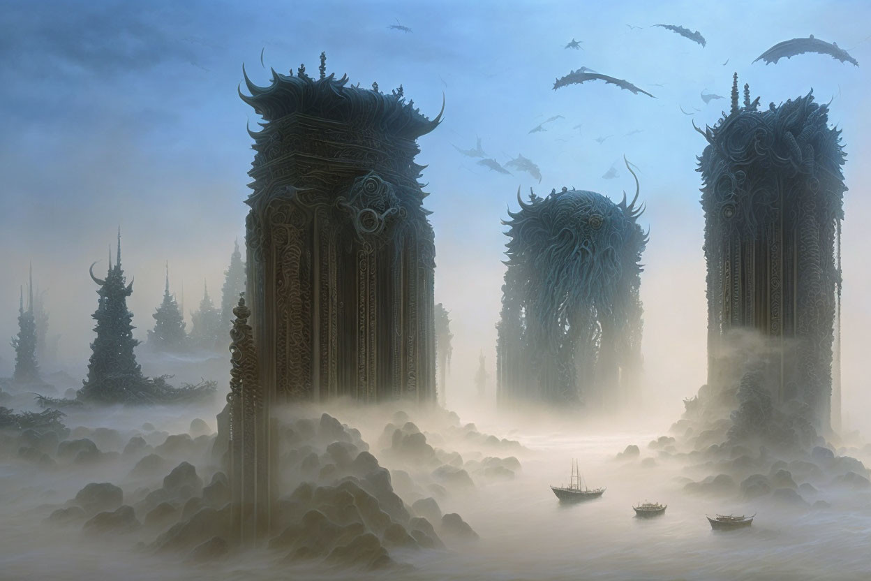 Mystical landscape featuring ancient structures, fog, spires, and flying birds.