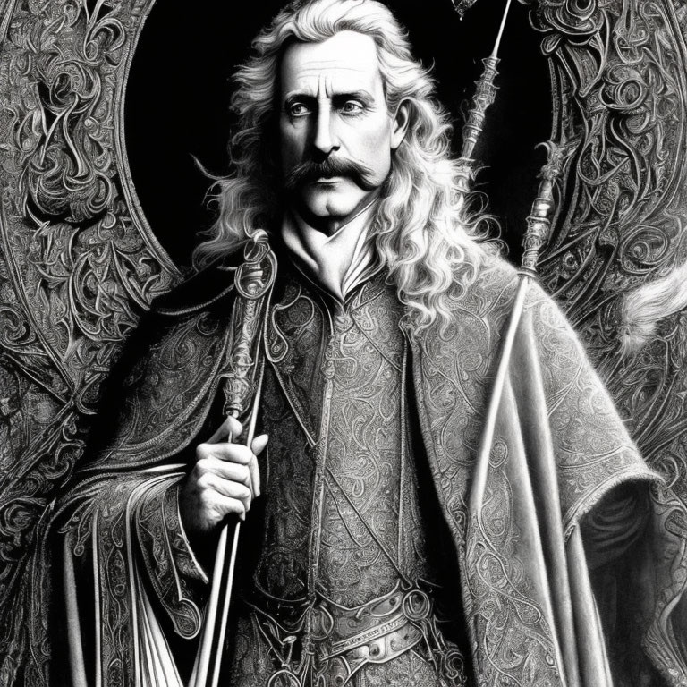 Monochromatic illustration of regal man with staff in high-fantasy setting
