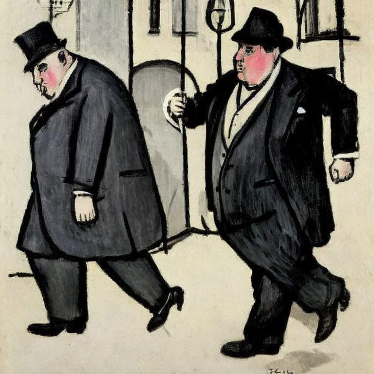 Two men in suits and bowler hats with cane walk opposite on street